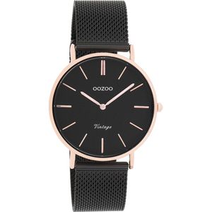 OOZOO Timepieces - Rosé goudkleurige horloge met zwarte metalen mesh armband - C8870
