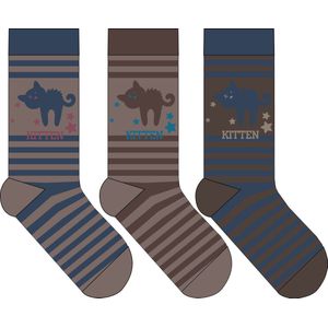 Meisjes sokken - katoen 6 paar - kitten - maat 27/30 - assortiment bruin/marine - naadloos