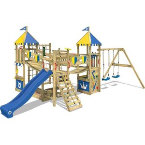 WICKEY speeltoestel ridderkasteel Smart Queen met schommel, blauw-geel zeil & blauwe glijbaan, outdoor kinderklimtoren met zandbak, ladder & speelaccessoires voor de tuin