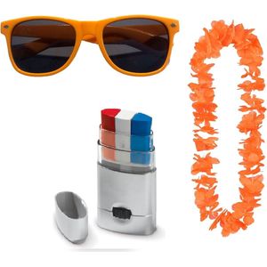 Oranje Feestpakket - Oranje Bril - Oranje Hawaii Krans - Schminkstick rood / wit / blauw voor Koningsdag - EK - WK - Olympische Spelen
