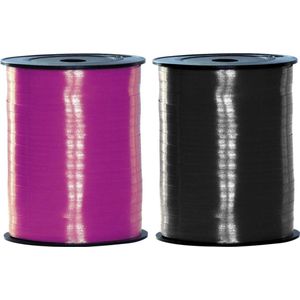 Pakket van 2 rollen lint zwart en fuchsia roze 500 meter x 5 milimeter breed - Feestartikelen en versiering