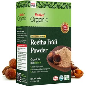 Radico ORGANIC REETHA 100% Natuurlijke BIO Organic Vegan Anti-Roos Haarwas, Hoofdhuidreiniger, Kalmerende, Voedende Poeder Haarmasker, Conditioner en Shampoo 3 in 1 met ECOCERT 100g
