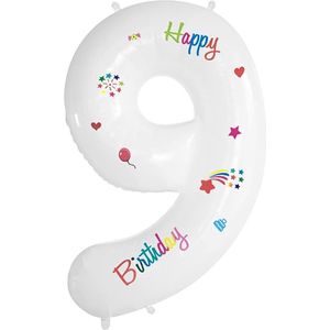 Folieballon Cijfer 9 Jaar Verjaardag Versiering Cijferballon Happy Birthday Decoratie Helium Ballonnen Folie Wit - Xl