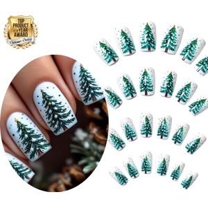 GUAPÀ® Plaknagels Kerst Editie | 24 stuks False Nails | Press On Nails | Zelfklevende Plaknagels | Nepnagels | Kunstnagels | Compleet plaknagels starterspakket | Nagels Wraps | Nail Art | 24 stuks plaknagels Kerst Wit met Kerstbomen