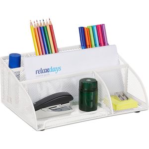 Relaxdays bureau organizer metaal - 5 vakken - pennenbak wit - pennen organizer groot