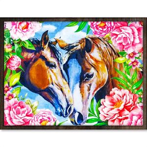 Eagle® Diamond Painting Volwassenen - Paarden met Bloemen - 40x30cm - Ronde Steentjes