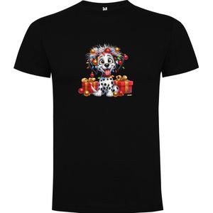 Zwart unisex t-shirt met “ Kleurrijke Leuk Kerst Hondje met Kerstlampjes in de war en Kado's / Vrolijk Kerstfeest “ Print Full merk Roly maat 128 7/8 jaar