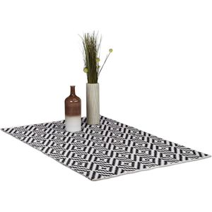 Vloerkleed katoen antislip 120 x 180 cm voor hal gang woonkamer zwart-wit met Relaxdays - tapijt met patroon vloerkleed