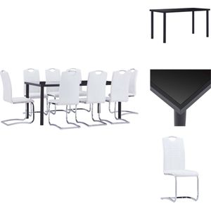 vidaXL Eetset Tafel met Gehard Glas - Zwart metaal 180 x 90 x 75 cm - Eetstoelen met Kunstleren bekleding - Wit - 42 x 52 x 100 cm - 8 stuks - Set tafel en stoelen