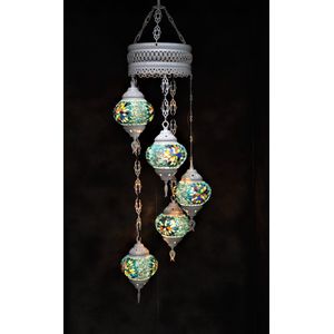 Hanglamp multicolour blauw groen glas mozaïek 5 bollen Turkse Oosterse Crèmewit Marokkaanse kroonluchter