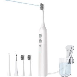 Gloovon - 3-in-1 Elektrische Tandenborstel met Waterflosser - 48.000 VPM - Electric Toothbrush - 4 Standen - 2 Intensiteiten - Incl. 4 Borstelkoppen - Wit