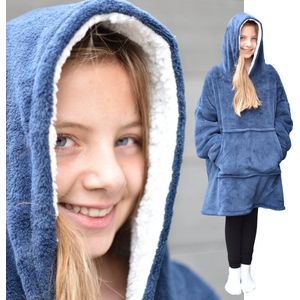 HOMELEVEL Sherpa Winter Hoodie XL Sweatshirt Pullover Oversize voor Kinderen Pullover Dekentje Huis Trui Buiten Binnen - Blauw