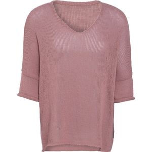 Knit Factory Jasmin Gebreide Dames Trui - Trui dames - Pullover voor de lente en zomer - Zomer trui dames - Damestrui - Duurzaam & milieuvriendelijk - V-hals - 3/4 mouw - Oud roze - 36/44 - 80% Gerecycled katoen