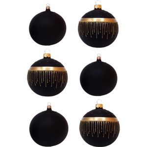 Zwarte Kerstballen met Gouden Glitterlijnen en effen mat zwart - Doosje met 6 glazen kerstballen