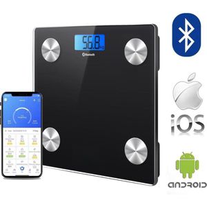 Smart Weegschaal - Bluetooth personenweegschaal - Digitale personenweegschaal - BMI - Water - Spiermassa - IOS en Android app - Zwart