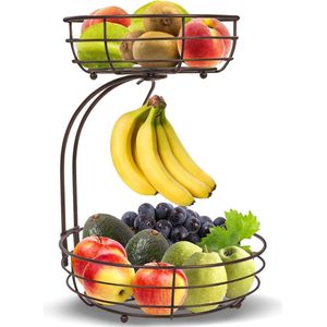 2 verdiepingen fruitmand met bananenhouder, fruitschaal, groentemand, van metaal, staande dagelijkse keukenopslag, fruitmand, fruitstandaard, brons