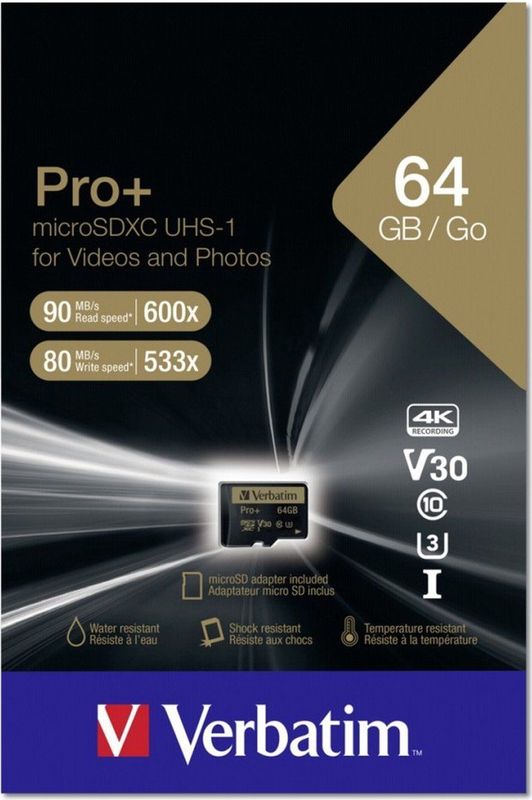 Verbatim Micro SDXC Pro+ 64GB Class 10 UHS-I Adapter