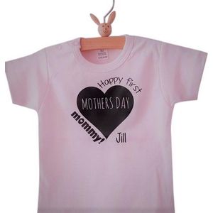 Baby romper roze meisje eerste moederdag tekst Happy first mothers day mommy met naam| korte mouw | roze zwart | maat 62/68