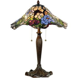 HAES DECO - Tiffany Tafellamp Ø 46x60 cm Groen Blauw Glas Bloemen Tiffany Bureaulamp Tiffany Lampen Glas in Lood