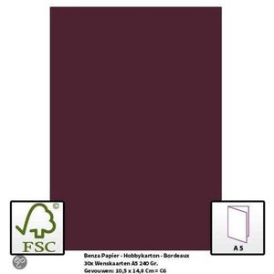 Benza Papier - Gekleurd Printpapier Hobbykarton 240 Gr. (Gram) A5 - Bordeaux - 30 Stuks (Wenskaarten)