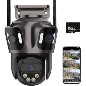 Tumex - Beveiligingscamera Buiten - Buiten Camera met Nachtzicht - Drie Lens Design - 360° Auto Tracking - Inclusief 64GB SD - Zwart