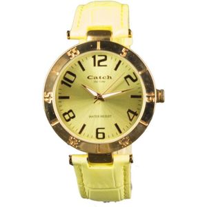 Catch® the time pastel geel horloge met rosé kleurige kast en leren band
