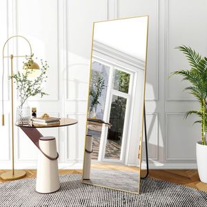 Spiegel groot 53 x 163 cm, minimalistische lijst, staande spiegel, robuust, modern, staand, grote wandspiegel, horizontaal of verticaal hangend, voor slaapkamer, goud