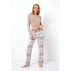Dames Pyjama - Adriane - Lange Mouwen & Broek - Zachte Viscose Top - Katoenen Broek - Ruitjesprint - Beige