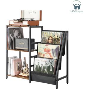 LifeStages - Platenspeler Meubel - Draaitafelstandaard Voor Vinyl Platen - Vinyl Platen Houder Kabinet Voor Woonkamer - Draaitafelstandaard Eindtafel - Met - 3 Etages Vinyl Platen Opbergtafel tot 200 Albums - Bruin - En -Zwart