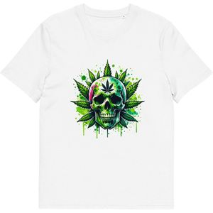 Wiet T Shirt met Schedel en Cannabisblad - Dames en Heren - Streetwear Design - Wit - L
