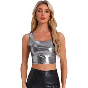 Dames Metallic Crop Top Party Tanktop Mouwloos Glanzend Club Buikvrij Bovendeel - Zwart Zilver - Maat S - Elegante Clubwear met Shiny Finish