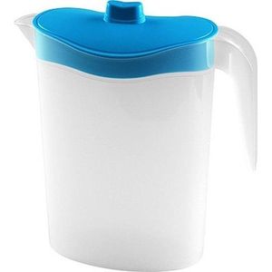 Waterkan/sapkan met blauw deksel 1,5 liter 9 x 21 x 23 cm kunststof - Compact formaat schenkkan die in de koelkastdeur past - Sapkannen/waterkannen/schenkkannen/limonadekannen