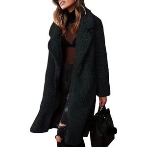 Dames Teddy Lange Jas Coat- Casual Jas In Grote Maten, Dames Plus Size Effen Teddyfleece Met Lange Mouwen En Open Reverskraag- Oversized Lange Winter Jas- Zwart- Maat 4XL