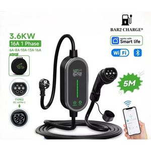 Bar2Charge Mobiele Thuislader | Auto lader | Elektrische Auto 3.6kW | Draagbaar| IP66 Waterdicht | 16A 1 Fase | 5 Meter | APP Control | Thuis Lader Type 2 vanaf stopcontact EU - 6A/8A/10A/13A/16A Schakelbaar | Inclusief Tas