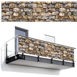 Balkonscherm 300x80 cm - Balkonposter Stenen - Beige - Grijs - Planten - Balkon scherm decoratie - Balkonschermen - Balkondoek zonnescherm
