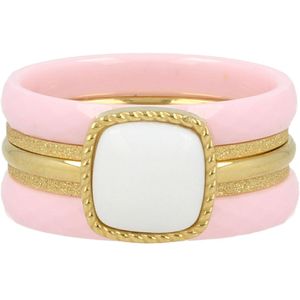 My Bendel - Roze Keramieken ringenset met stardust ringen en White Aventurine edelsteen - Roze ringenset met Keramieken ringen, smalle stardust aanschuifring en een zegelring met vierkanten White Aventurine edelsteen - Met luxe cadeauverpakking