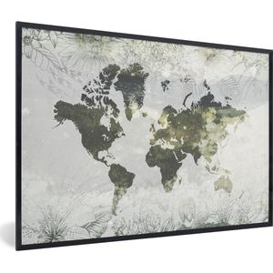 Fotolijst incl. Poster - Wereldkaart - Bloemen - Geel - 120x80 cm - Posterlijst