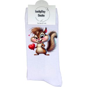 Eekhoorn - Valentijn sokken - Valentijns Cadeau - Grappige sokken - Leuke sokken - Hem Haar sokken - Vrolijke sokken - Hartjes - Vaderdag - Moederdag - Verjaardag cadeau - Kerst cadeau - Leuk Cadeau - Speciaal cadeau - Sokken maken Happy - Maat 37-44