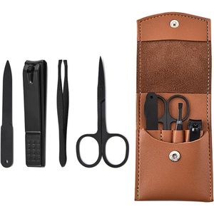 Allecto Plus - Manicure Set met Nagelschaar, Wenkbrauwklem, Cosmeticaschaar en Nagelvijl in Leren Etui - Nagelverzorgingsset voor Voeten of Vingernagels, Dames en Heren - Luxe 4-delige Manicureset