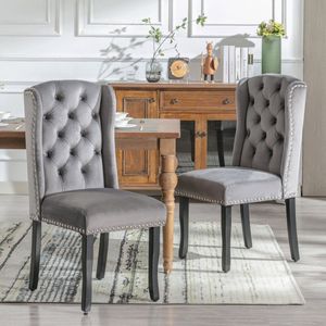 Merax Velvet Eetkamerstoelen Set van 2 - Luxe Stoelen met Eikenhouten Poten - Knopen, Nagelkopdetails en Chroomhandgreep - Grijs