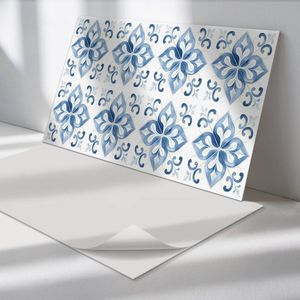 Wallfluent Vinyl Wandpaneel - Bloemenpatroon op tegels Vinyl Wandbekleding - 100 cm x 50 cm - Blauw PVC wandpaneel - 1 stuk - Rechthoekig Wandbekleding Vinyl - Texturen Wandpaneel - Zelfklevend Muurpaneel - Wandpaneel Keuken en Badkamer