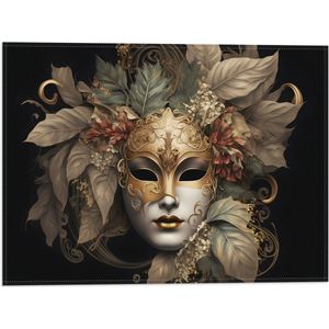 Vlag - Venetiaanse carnavals Masker met Gouden en Beige Details tegen Zwarte Achtergrond - 40x30 cm Foto op Polyester Vlag