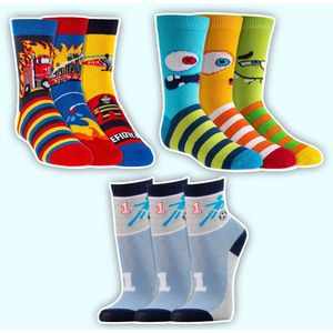 Kindersokken | grappige sokken | vrolijke sokken | happy sock printjes | 3 thema's | jongens voordeelpakket 9 paar