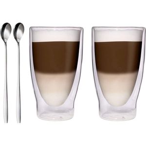 Latte macchiato glazen dubbelwandig (2 x 370 ml) + 2 x lepels espresso glazen theeglazen cappuccinoglazen thermoglazen dubbelwandige