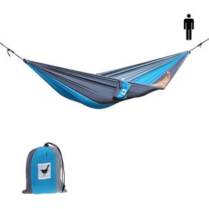 MoreThanHip (Reis)hangmat XXL Relaxzz - Grijs/blauw - 1 Persoons hangmat van lichtgewicht parachutestof met opbergzak - Ligoppervlak 260 x 145 cm - Lengte 290 cm - voor tuin, camping en vakantie