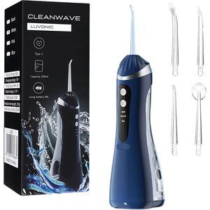 Luvonic® CleanWave Waterflosser - Monddouche - Elektrisch Flosapparaat - Draadloos en Oplaadbaar - Waterdicht - 5 Opzetstukken - 3 Standen - Tongreiniger - Blauw