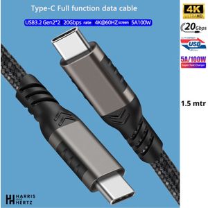 Harris and Hertz - USB C kabel met E-marker - 5A100W - 1.5 Meter - Snellader - USB 3.2x2 - Oplaadkabel - 20Gbps - Gevlochten Nylon