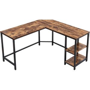 Hoppa! L-Vormig Bureau Met Planken - 138x138x75cm (BxDxH) - Zwart/Bruin - Metaal