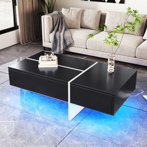 Hoogglans salontafel, zwart-witte kleurblokstructuur, woonkamermeubilair, 100*50*34,5cm, met app-gestuurd LED-verlichtingssysteem