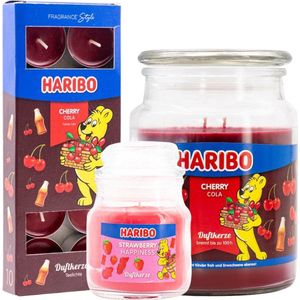 Haribo kaarsen set 3 - 1x groot Cola 1x klein Aardbei 1x theelicht cola